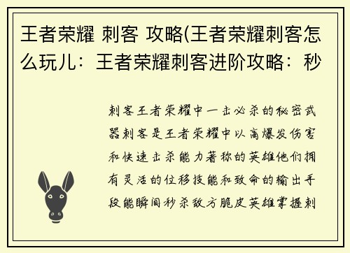 王者荣耀 刺客 攻略(王者荣耀刺客怎么玩儿：王者荣耀刺客进阶攻略：秒杀全场，carry全场的不二之选)